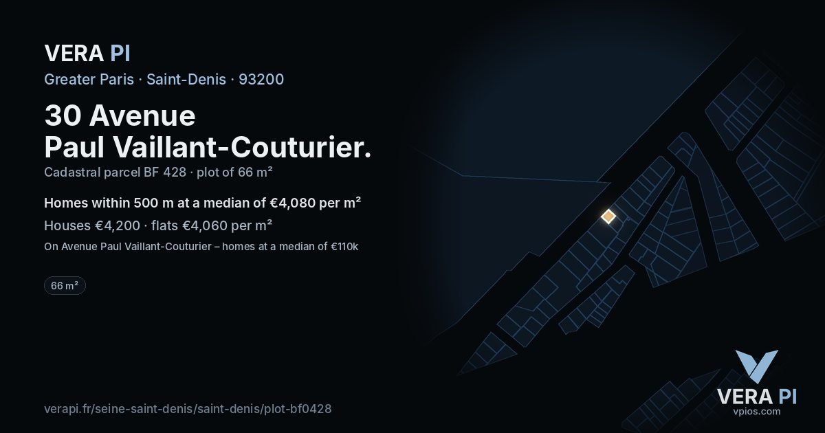30 Avenue Paul Vaillant-Couturier, Saint-Denis at night – the plot lit, the parcels around coloured by the prices near them