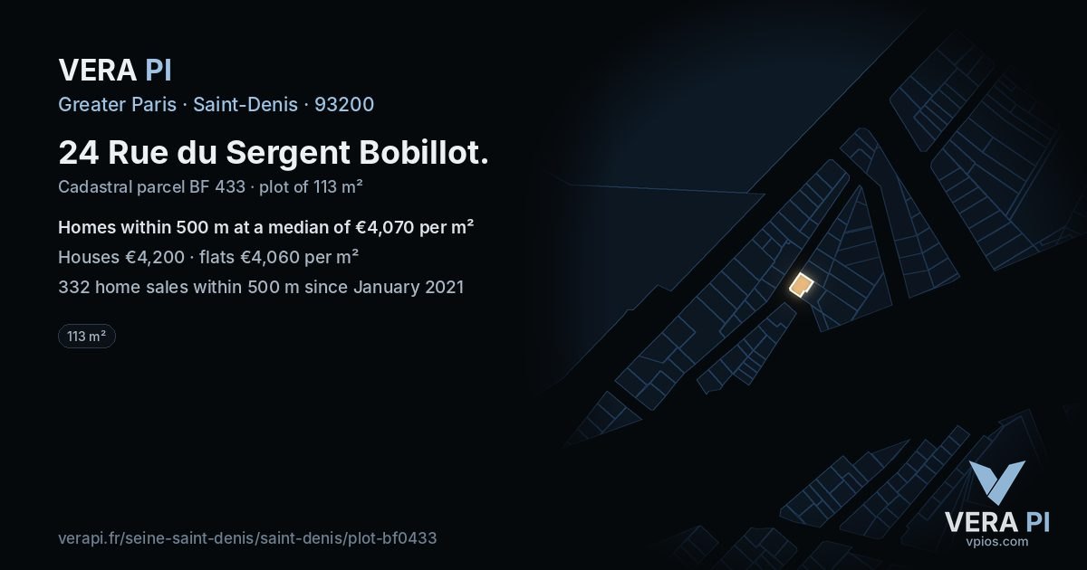 24 Rue du Sergent Bobillot, Saint-Denis at night – the plot lit, the parcels around coloured by the prices near them