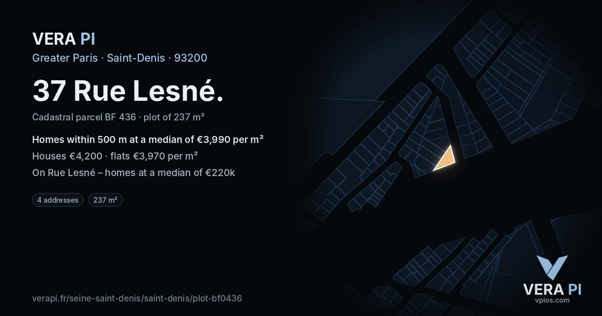 37 Rue Lesné, Saint-Denis at night – the plot lit, the parcels around coloured by the prices near them