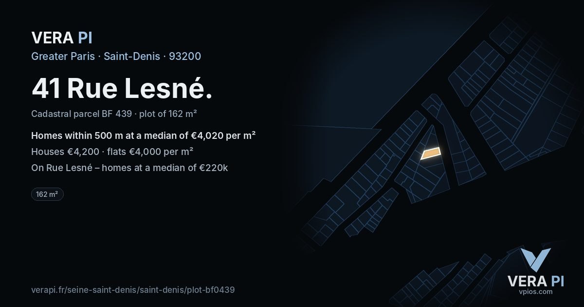 41 Rue Lesné, Saint-Denis at night – the plot lit, the parcels around coloured by the prices near them