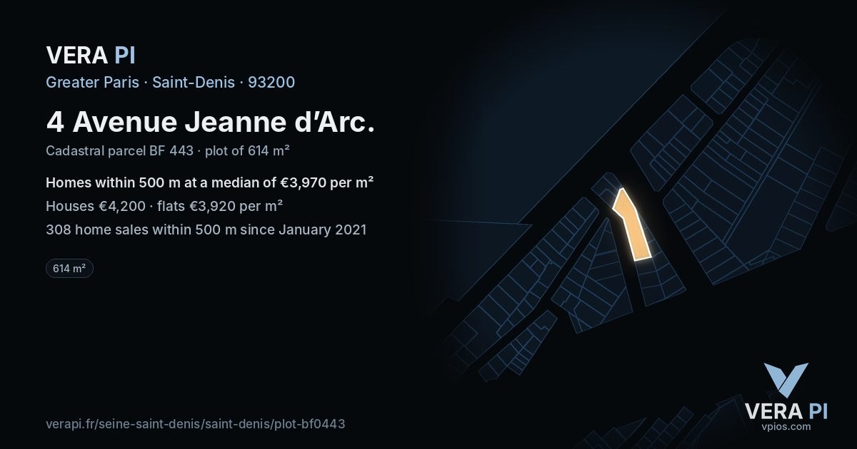4 Avenue Jeanne d’Arc, Saint-Denis at night – the plot lit, the parcels around coloured by the prices near them