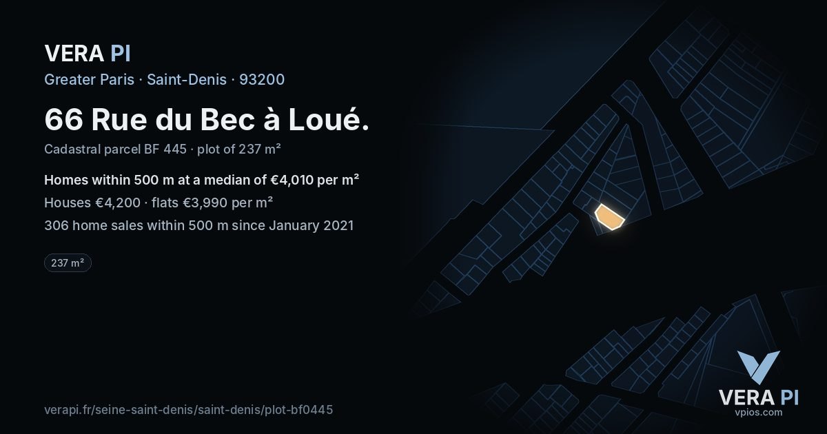 66 Rue du Bec à Loué, Saint-Denis at night – the plot lit, the parcels around coloured by the prices near them