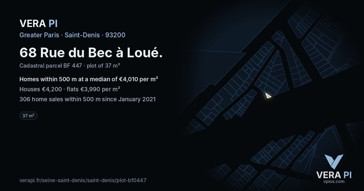 68 Rue du Bec à Loué, Saint-Denis at night – the plot lit, the parcels around coloured by the prices near them