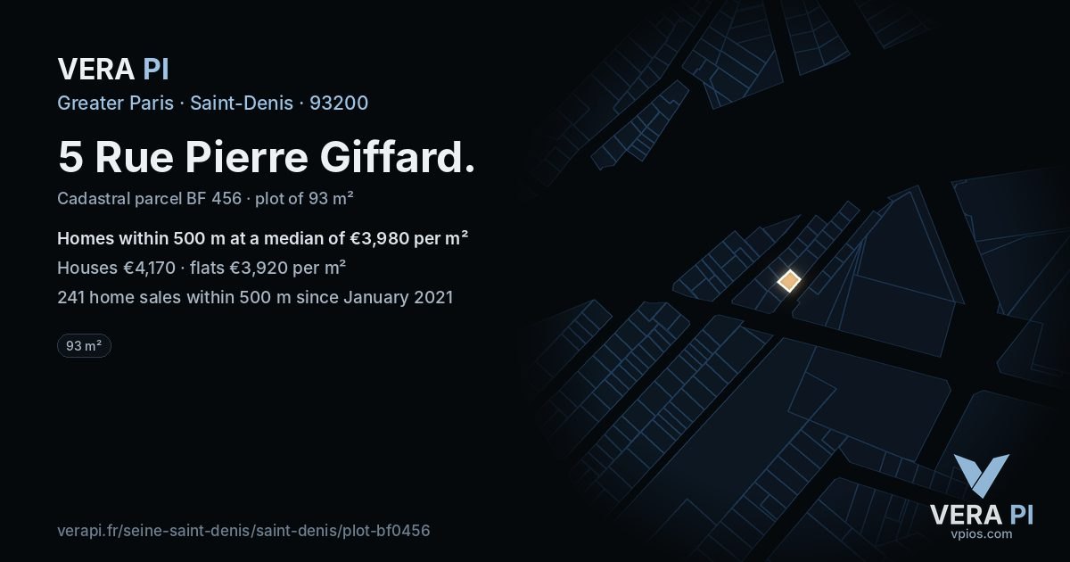 5 Rue Pierre Giffard, Saint-Denis at night – the plot lit, the parcels around coloured by the prices near them