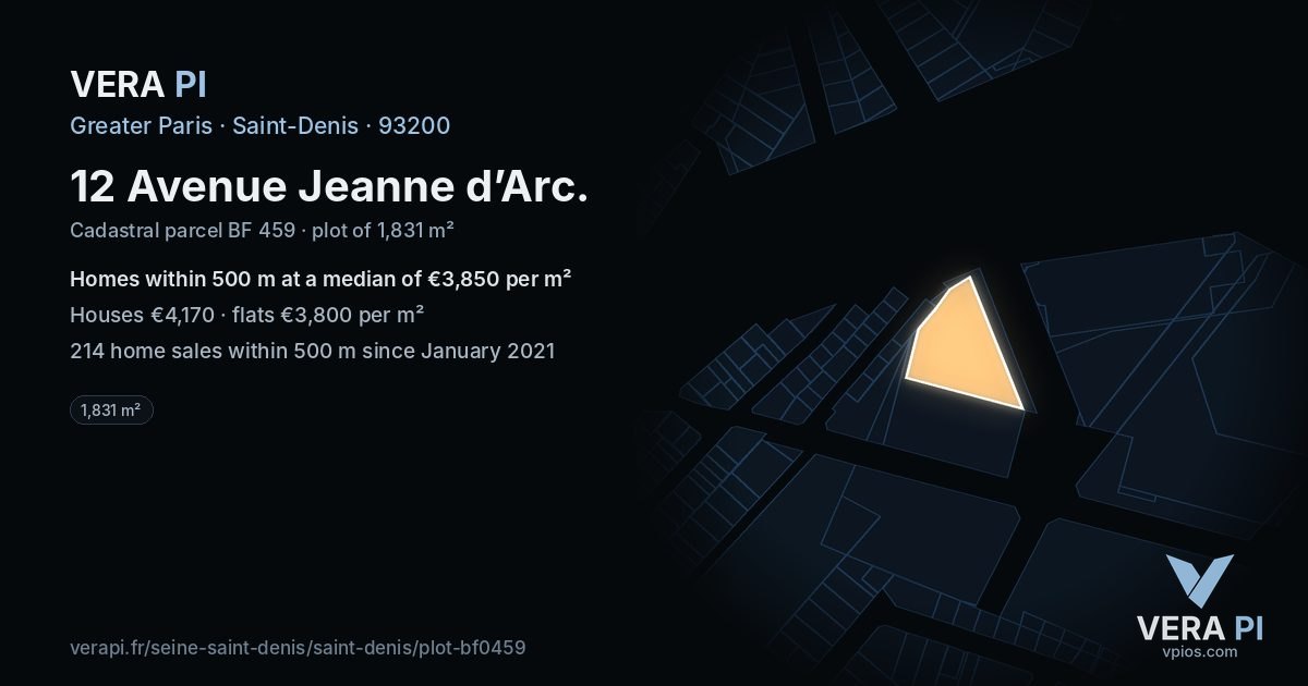 12 Avenue Jeanne d’Arc, Saint-Denis at night – the plot lit, the parcels around coloured by the prices near them