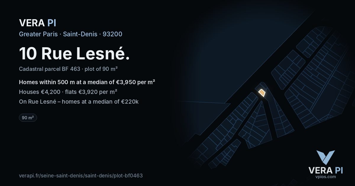 10 Rue Lesné, Saint-Denis at night – the plot lit, the parcels around coloured by the prices near them