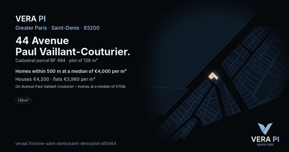 44 Avenue Paul Vaillant-Couturier, Saint-Denis at night – the plot lit, the parcels around coloured by the prices near them