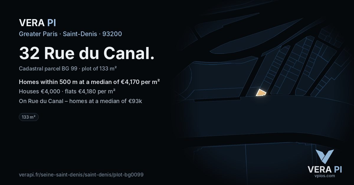32 Rue du Canal, Saint-Denis at night – the plot lit, the parcels around coloured by the prices near them