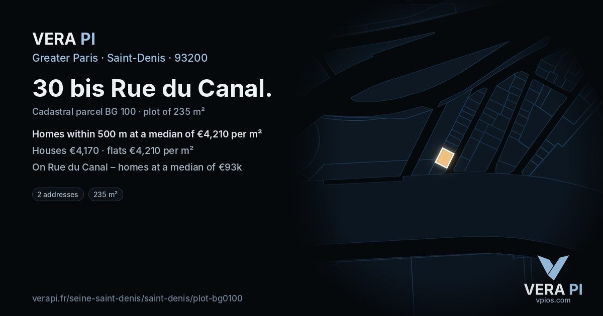 30 bis Rue du Canal, Saint-Denis at night – the plot lit, the parcels around coloured by the prices near them