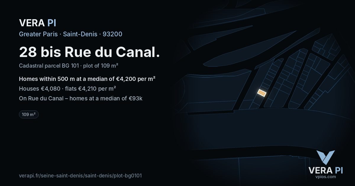 28 bis Rue du Canal, Saint-Denis at night – the plot lit, the parcels around coloured by the prices near them
