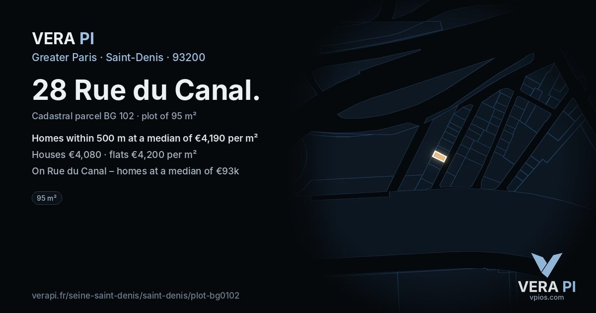 28 Rue du Canal, Saint-Denis at night – the plot lit, the parcels around coloured by the prices near them