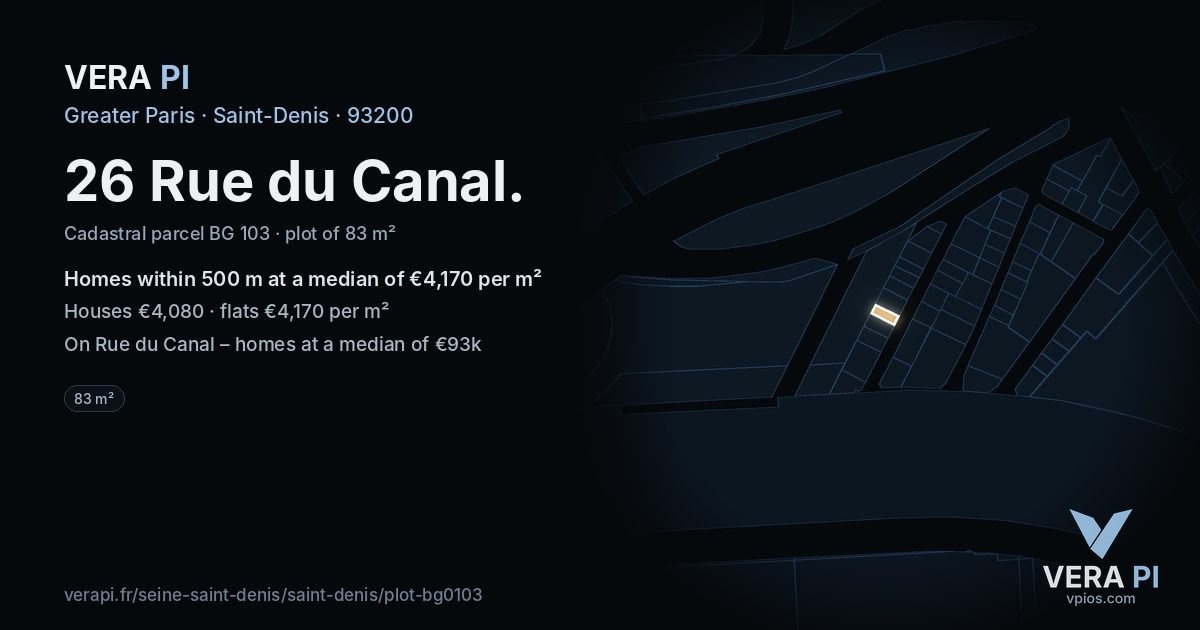 26 Rue du Canal, Saint-Denis at night – the plot lit, the parcels around coloured by the prices near them