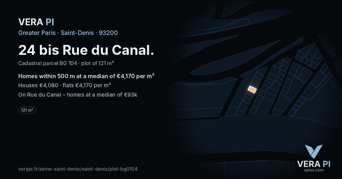 24 bis Rue du Canal, Saint-Denis at night – the plot lit, the parcels around coloured by the prices near them