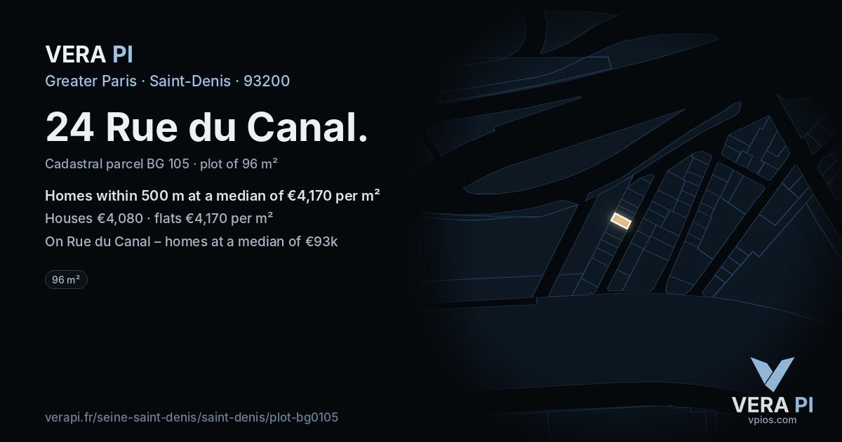 24 Rue du Canal, Saint-Denis at night – the plot lit, the parcels around coloured by the prices near them