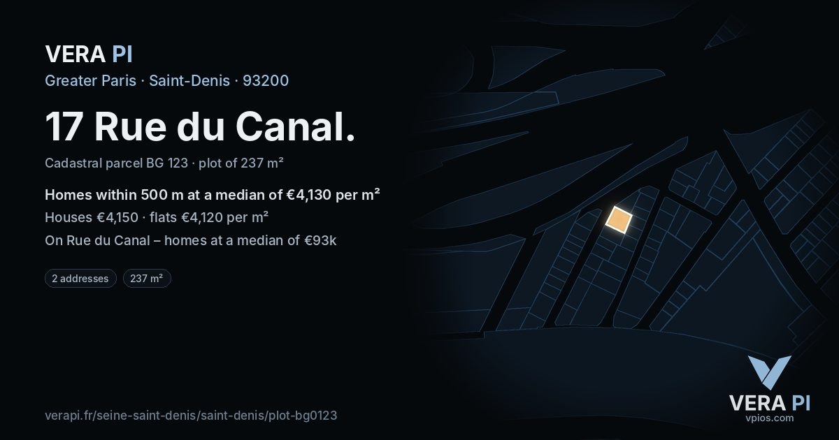17 Rue du Canal, Saint-Denis at night – the plot lit, the parcels around coloured by the prices near them