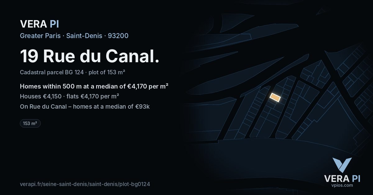 19 Rue du Canal, Saint-Denis at night – the plot lit, the parcels around coloured by the prices near them