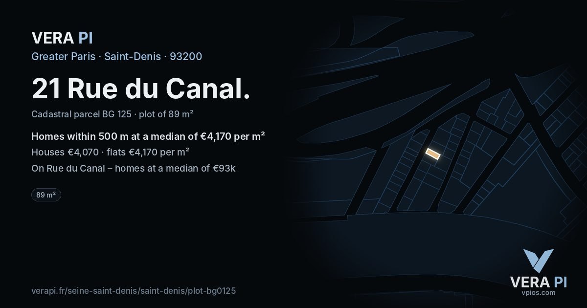 21 Rue du Canal, Saint-Denis at night – the plot lit, the parcels around coloured by the prices near them