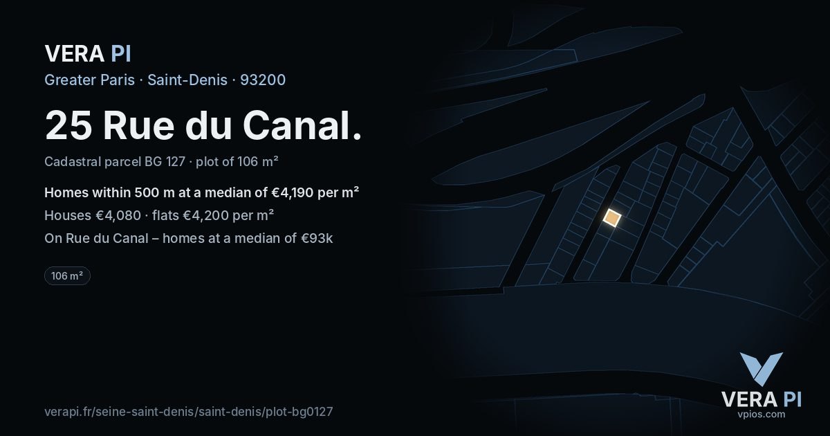 25 Rue du Canal, Saint-Denis at night – the plot lit, the parcels around coloured by the prices near them