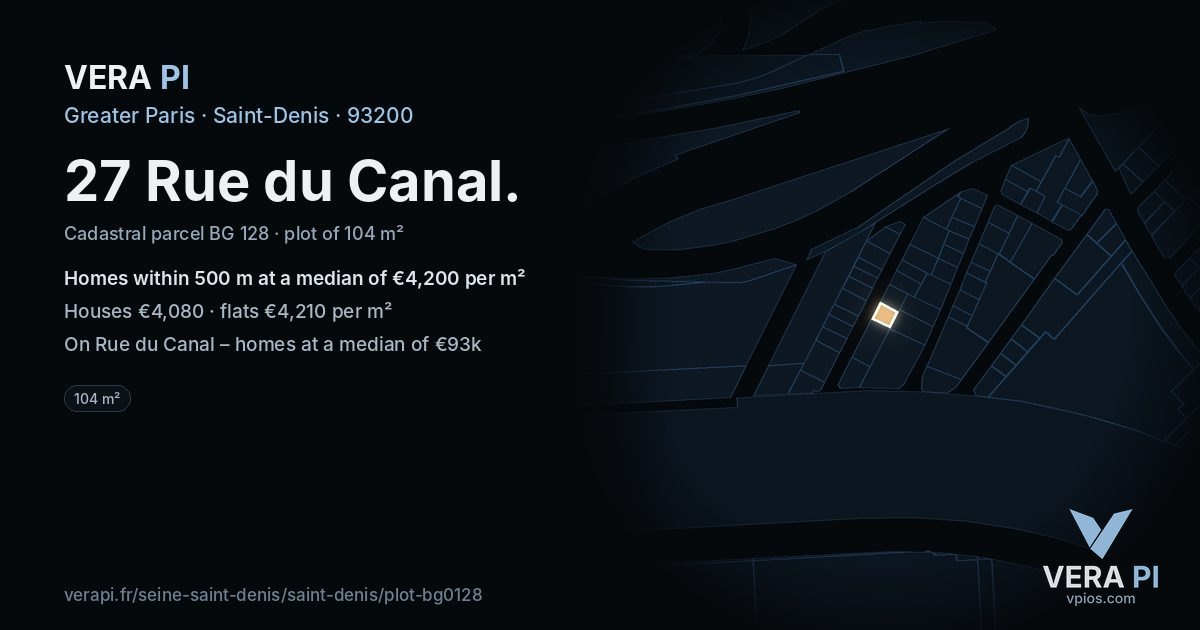 27 Rue du Canal, Saint-Denis at night – the plot lit, the parcels around coloured by the prices near them