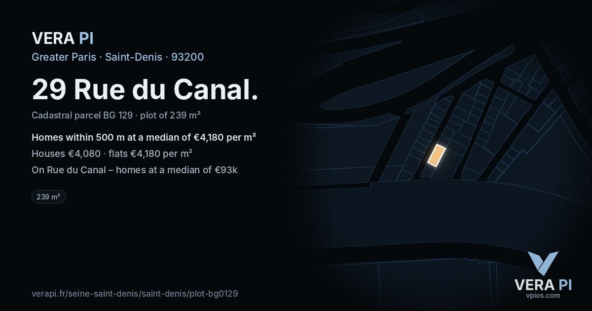29 Rue du Canal, Saint-Denis at night – the plot lit, the parcels around coloured by the prices near them