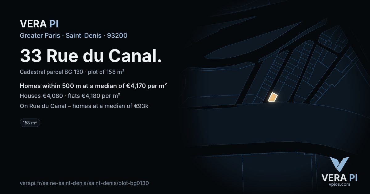 33 Rue du Canal, Saint-Denis at night – the plot lit, the parcels around coloured by the prices near them