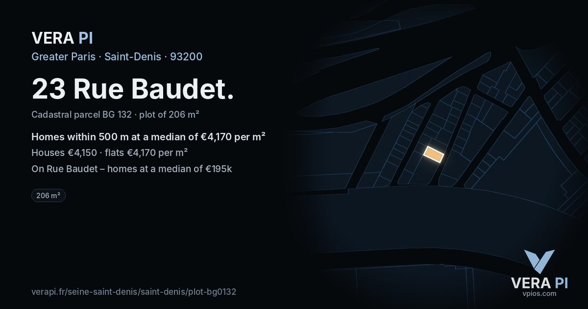 23 Rue Baudet, Saint-Denis at night – the plot lit, the parcels around coloured by the prices near them