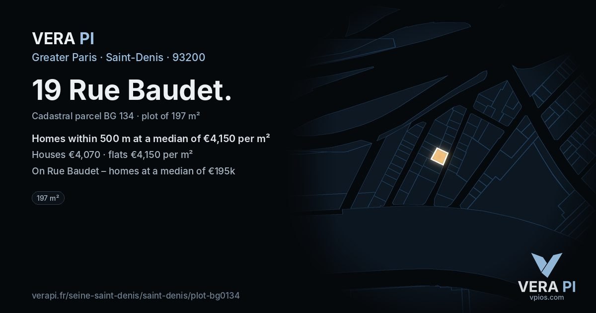 19 Rue Baudet, Saint-Denis at night – the plot lit, the parcels around coloured by the prices near them