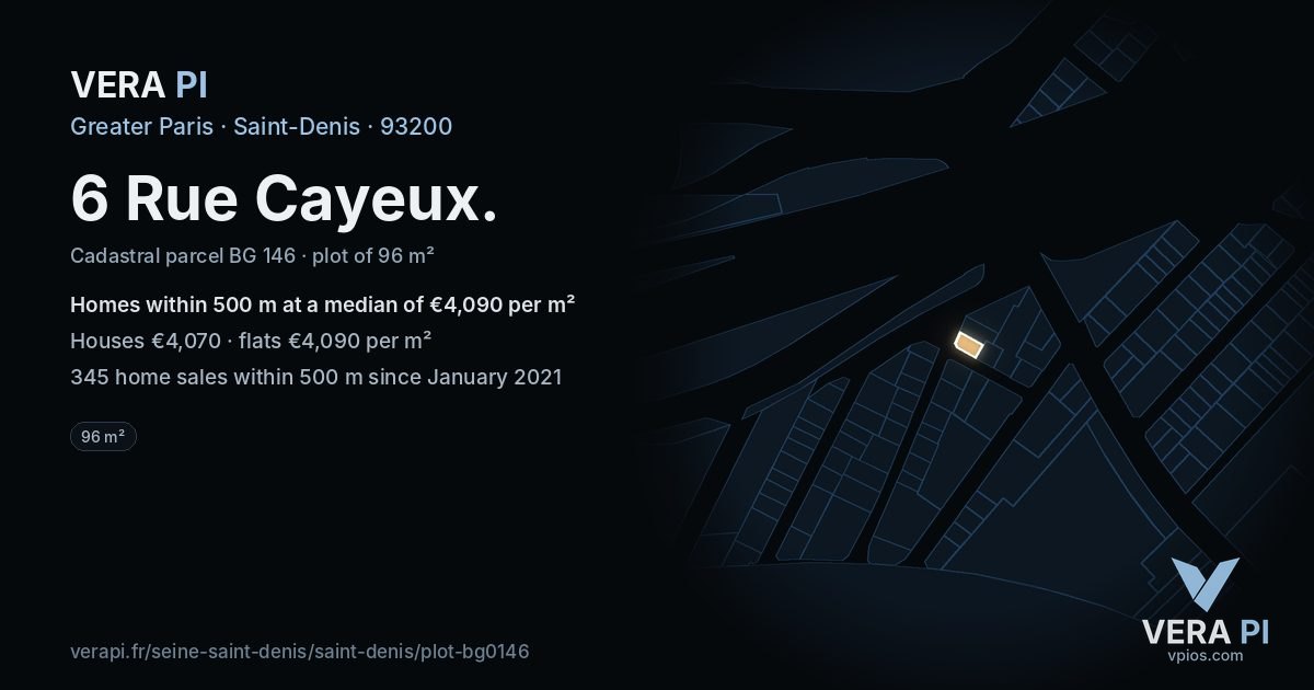 6 Rue Cayeux, Saint-Denis at night – the plot lit, the parcels around coloured by the prices near them