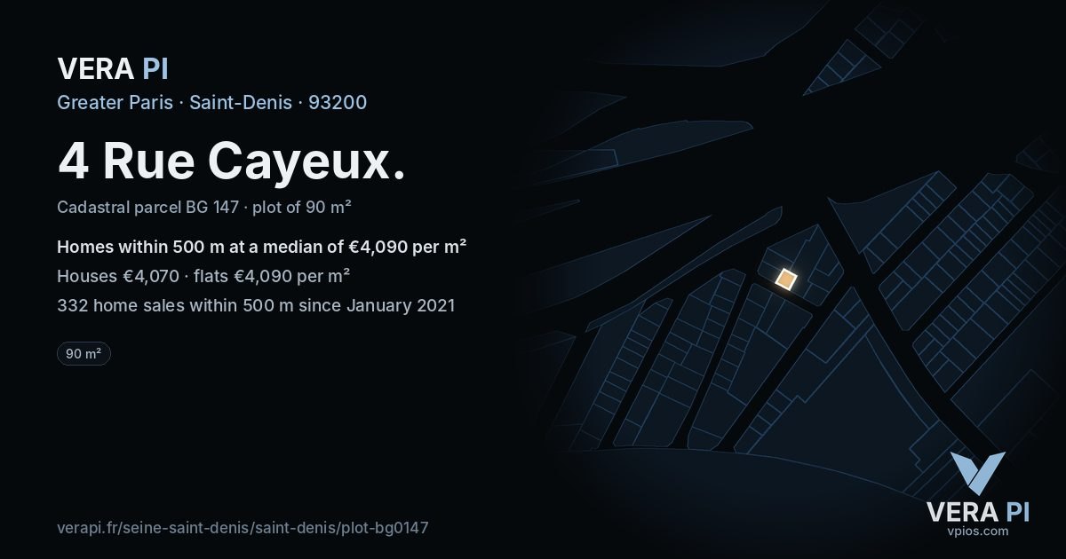 4 Rue Cayeux, Saint-Denis at night – the plot lit, the parcels around coloured by the prices near them