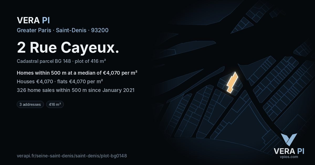 2 Rue Cayeux, Saint-Denis at night – the plot lit, the parcels around coloured by the prices near them