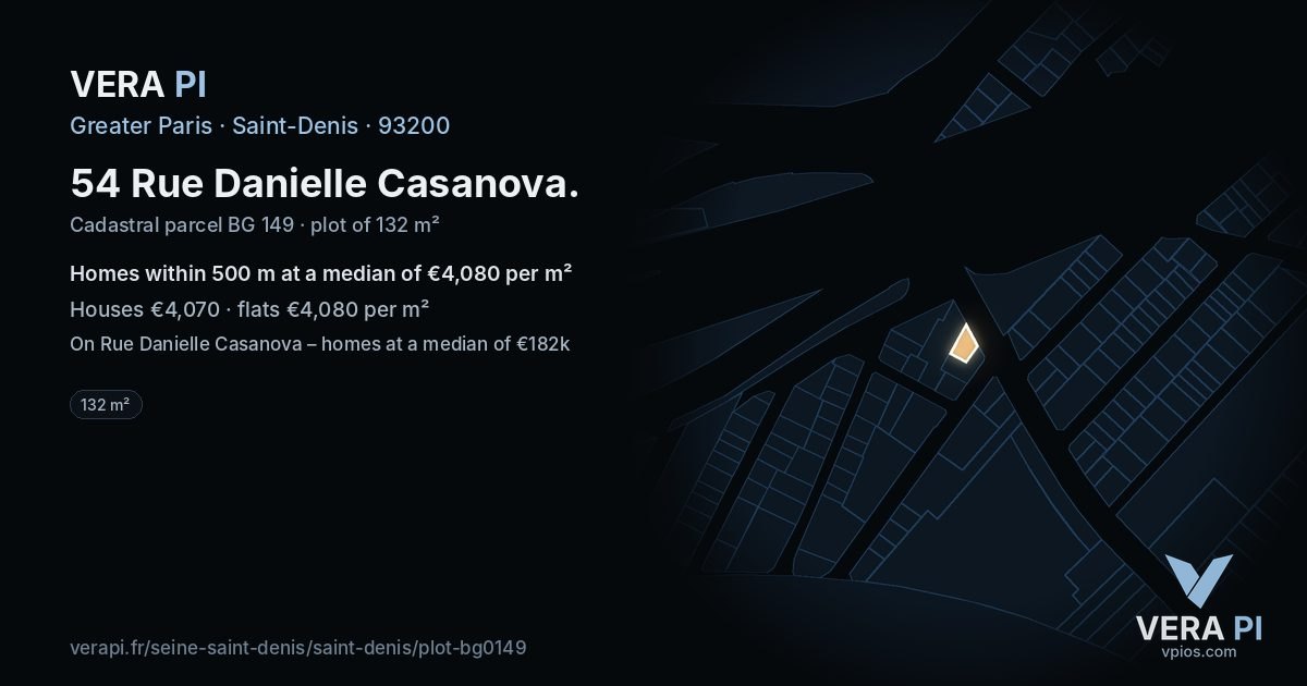 54 Rue Danielle Casanova, Saint-Denis at night – the plot lit, the parcels around coloured by the prices near them