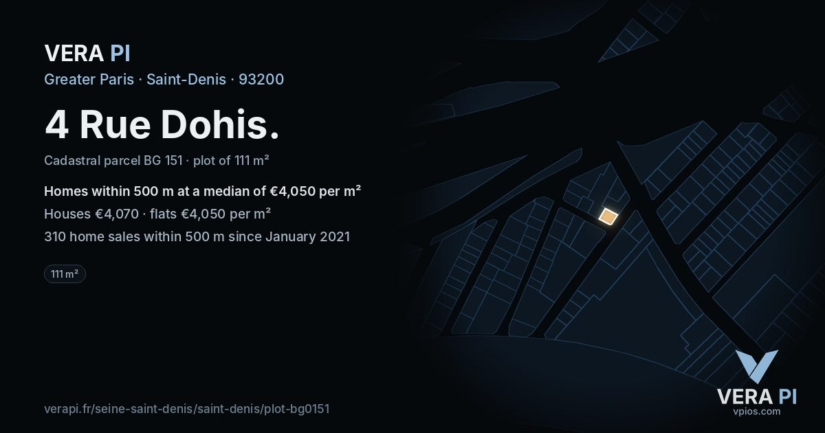 4 Rue Dohis, Saint-Denis at night – the plot lit, the parcels around coloured by the prices near them