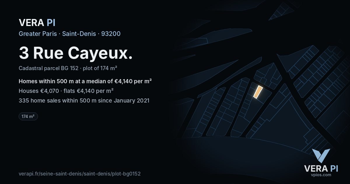 3 Rue Cayeux, Saint-Denis at night – the plot lit, the parcels around coloured by the prices near them