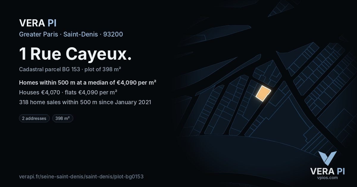 1 Rue Cayeux, Saint-Denis at night – the plot lit, the parcels around coloured by the prices near them