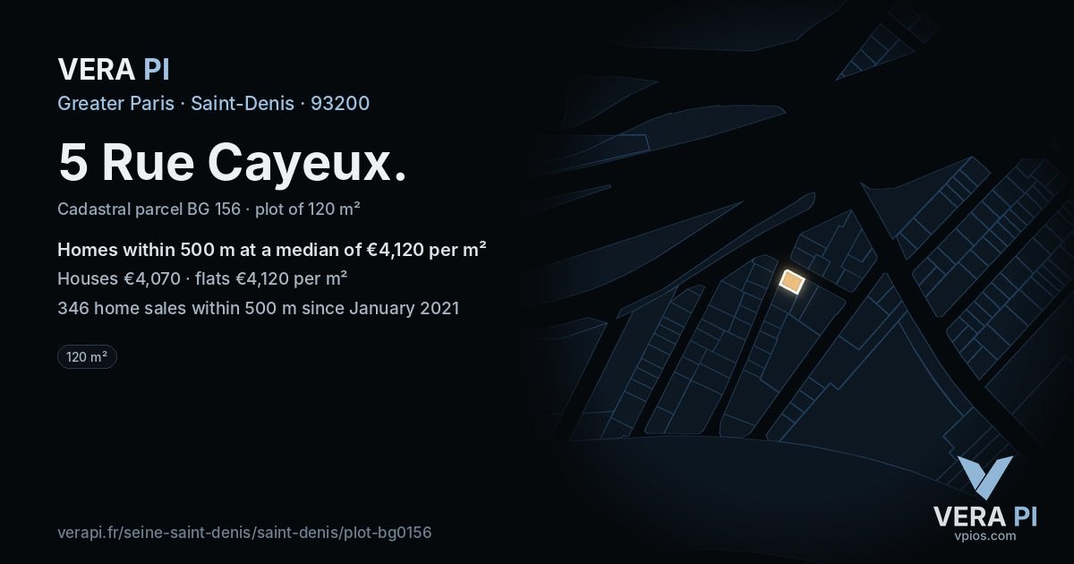 5 Rue Cayeux, Saint-Denis at night – the plot lit, the parcels around coloured by the prices near them