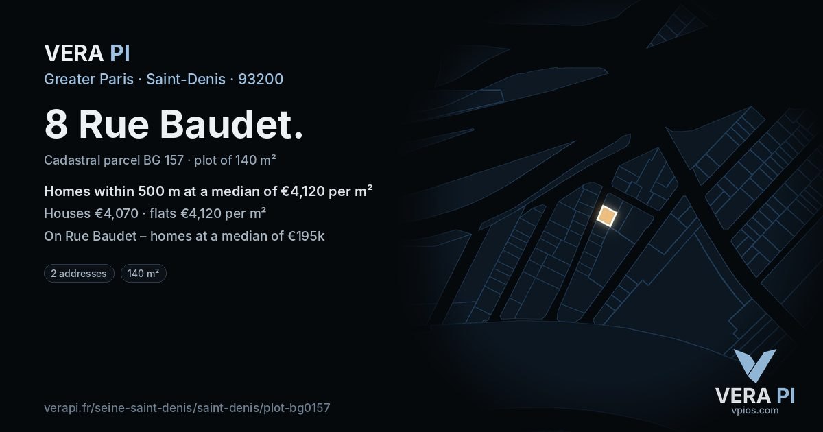 8 Rue Baudet, Saint-Denis at night – the plot lit, the parcels around coloured by the prices near them