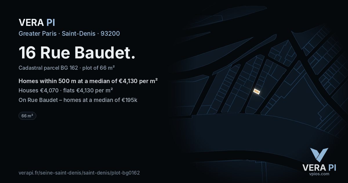 16 Rue Baudet, Saint-Denis at night – the plot lit, the parcels around coloured by the prices near them