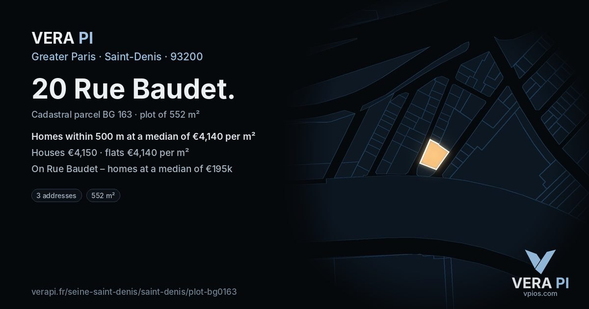 20 Rue Baudet, Saint-Denis at night – the plot lit, the parcels around coloured by the prices near them