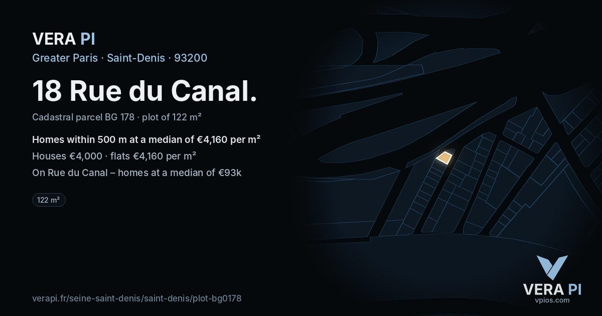 18 Rue du Canal, Saint-Denis at night – the plot lit, the parcels around coloured by the prices near them
