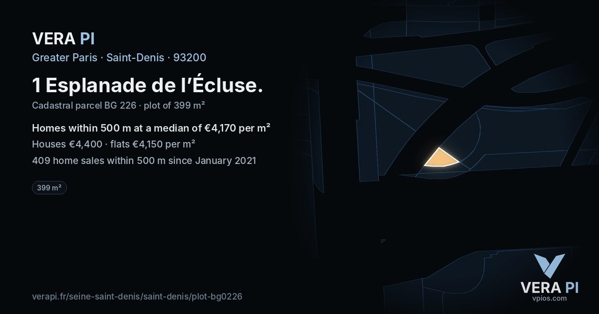 1 Esplanade de l’Écluse, Saint-Denis at night – the plot lit, the parcels around coloured by the prices near them