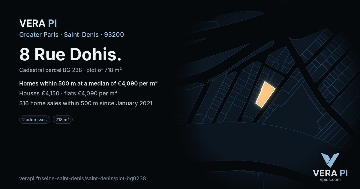 8 Rue Dohis, Saint-Denis at night – the plot lit, the parcels around coloured by the prices near them