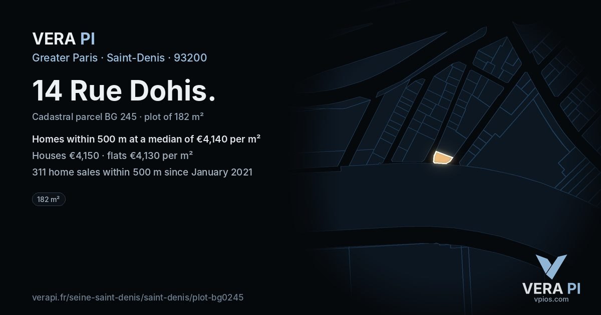 14 Rue Dohis, Saint-Denis at night – the plot lit, the parcels around coloured by the prices near them
