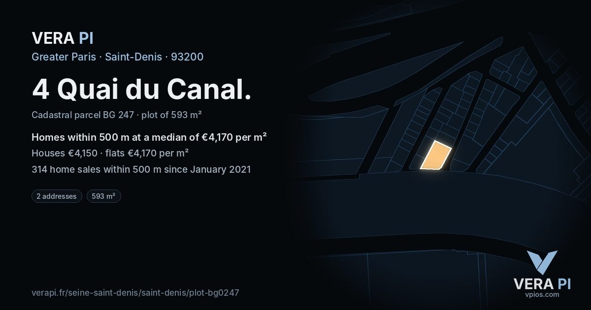 4 Quai du Canal, Saint-Denis at night – the plot lit, the parcels around coloured by the prices near them
