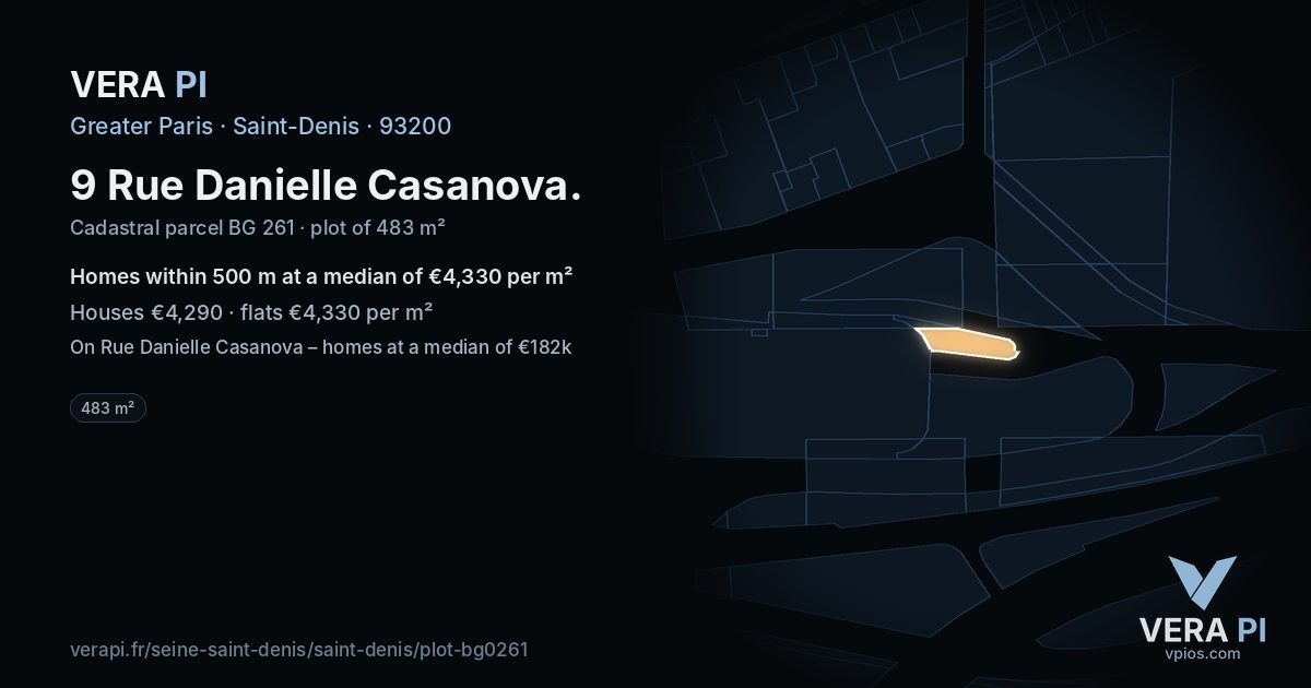 9 Rue Danielle Casanova, Saint-Denis at night – the plot lit, the parcels around coloured by the prices near them