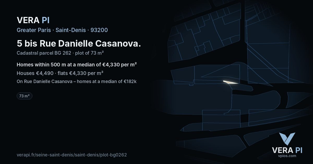 5 bis Rue Danielle Casanova, Saint-Denis at night – the plot lit, the parcels around coloured by the prices near them