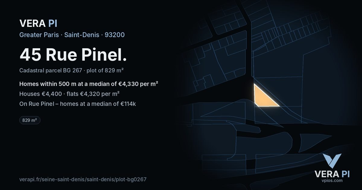 45 Rue Pinel, Saint-Denis at night – the plot lit, the parcels around coloured by the prices near them