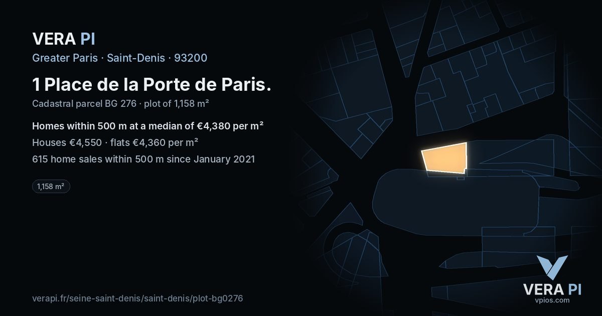 1 Place de la Porte de Paris, Saint-Denis at night – the plot lit, the parcels around coloured by the prices near them