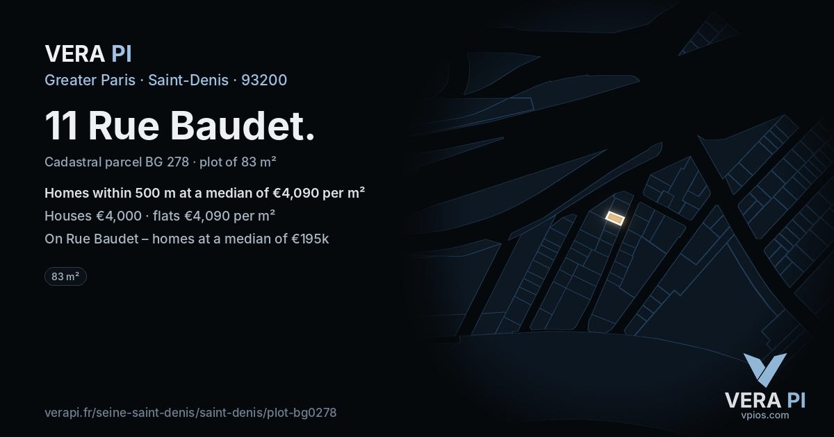 11 Rue Baudet, Saint-Denis at night – the plot lit, the parcels around coloured by the prices near them