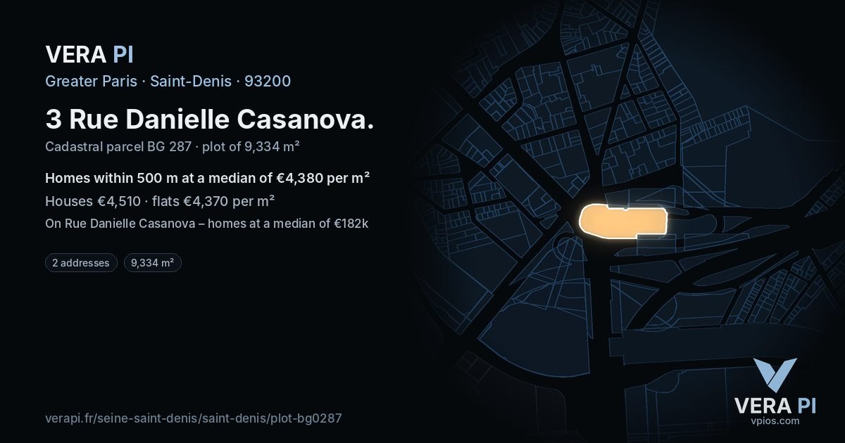 3 Rue Danielle Casanova, Saint-Denis at night – the plot lit, the parcels around coloured by the prices near them