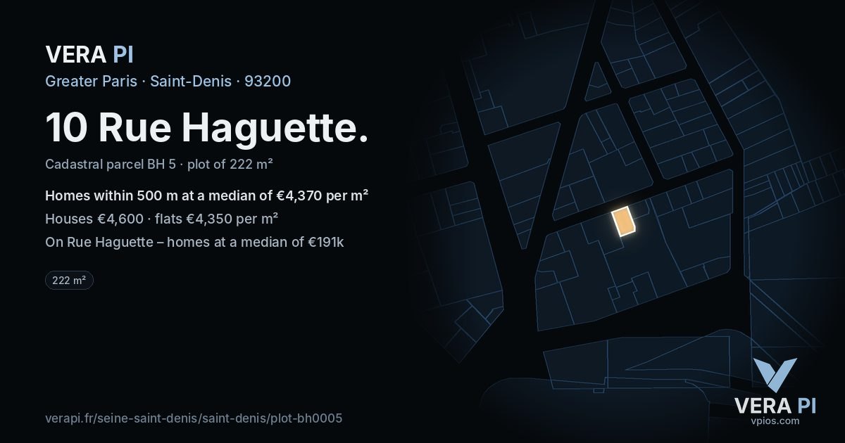 10 Rue Haguette, Saint-Denis at night – the plot lit, the parcels around coloured by the prices near them